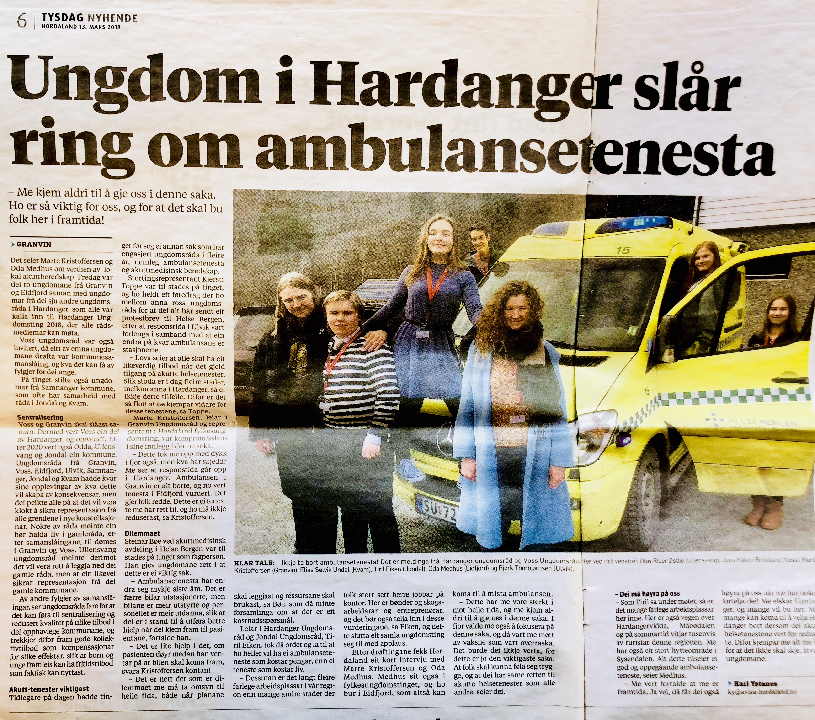 Avisutklipp om at -Ungdom i Hardanger slår ring om ambulansetenesta-